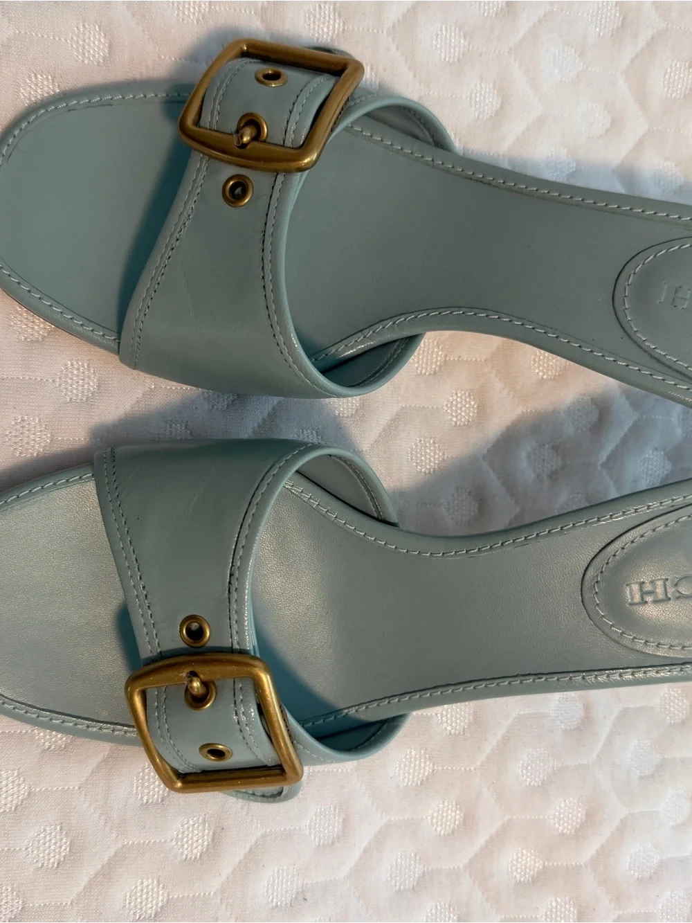 Coach Light Blue Leather Buckle Mule Heels - Picture 2 of 8